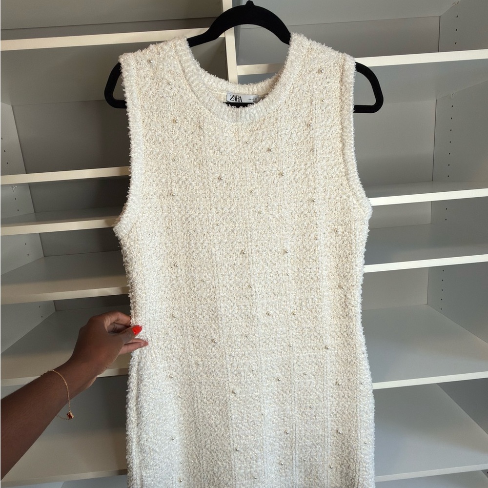 Zara Cream Textured Pearl-Embellished Top